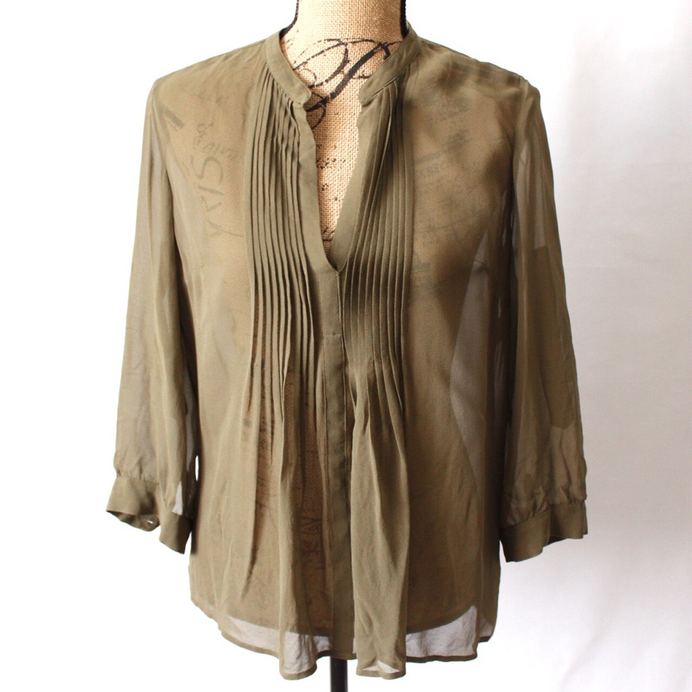 J. Crew Small Green Sheer Pleated Silk Blouse